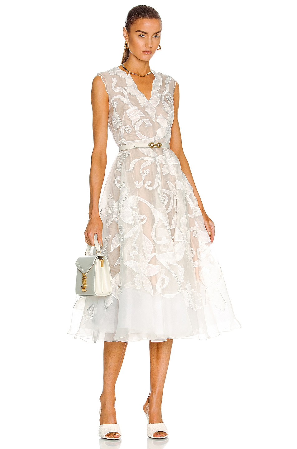 Image 1 of Oscar de la Renta Flower Embroidered V-Neck A Line Dress in Ivory