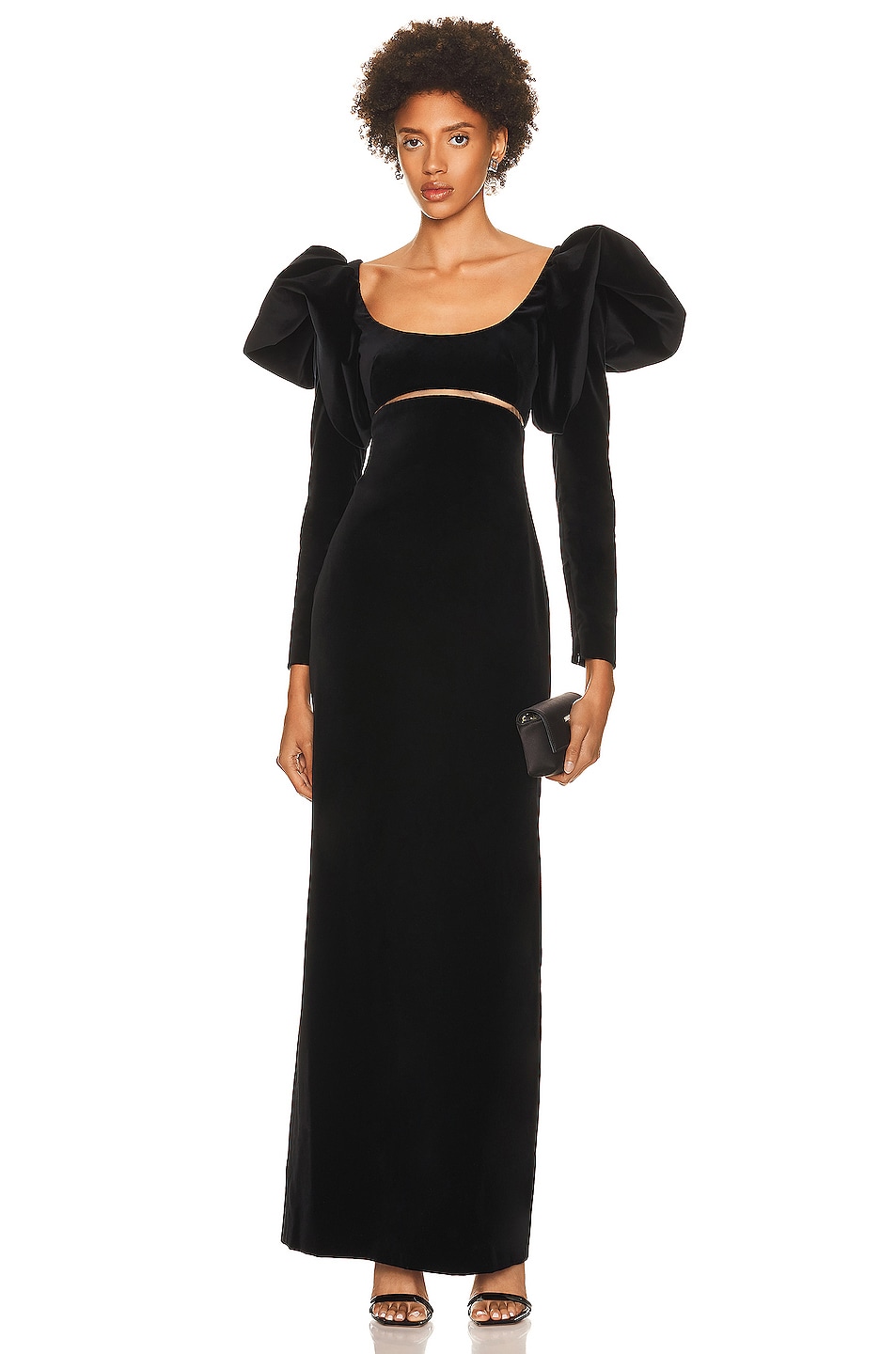 Image 1 of Oscar de la Renta Puff Sleeve Scoop Neck Velvet Gown in Black