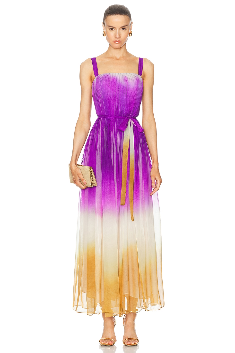 Image 1 of Oscar de la Renta Pintuck Detail Abstract Ombre Dress in Violet & Sepia