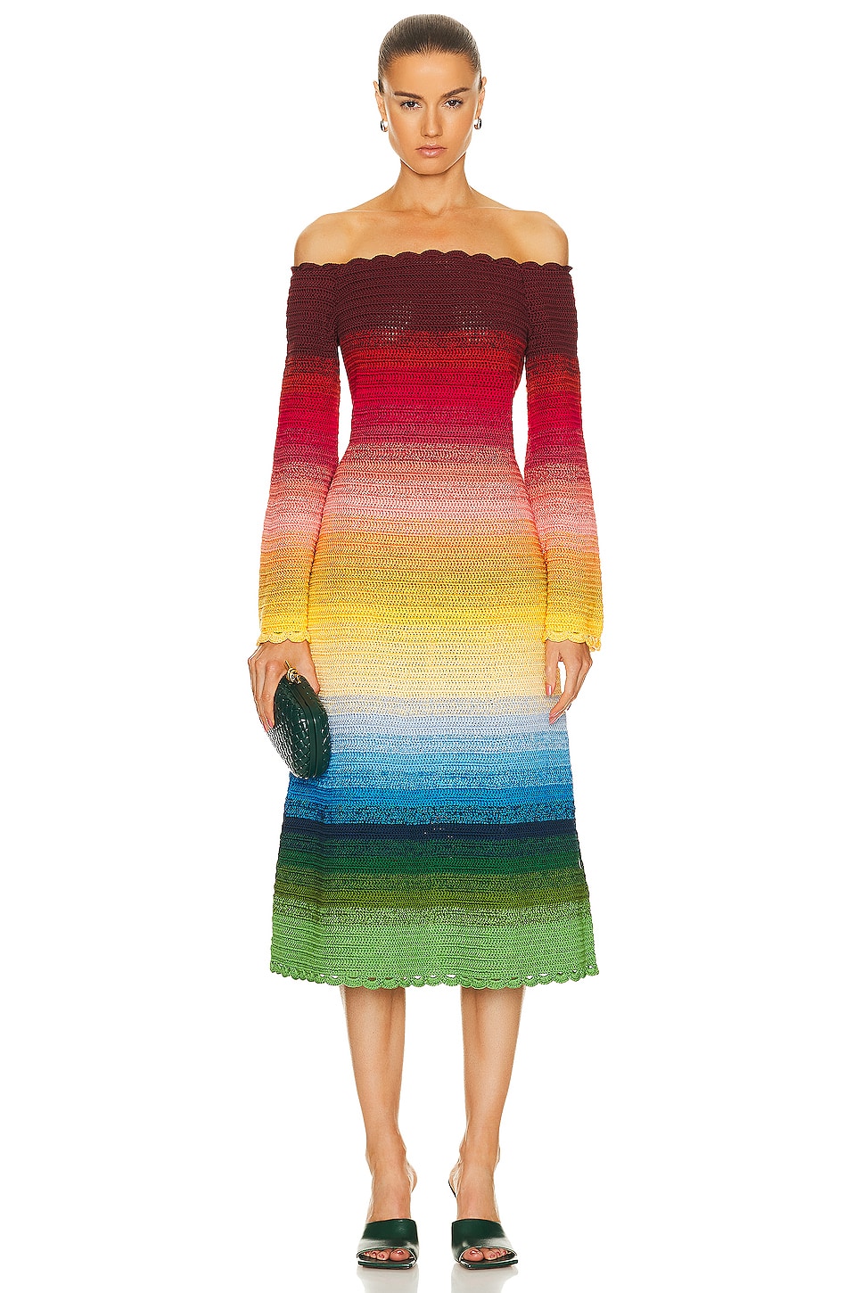 Image 1 of Oscar de la Renta Off Shoulder Rainbow Ombre Crochet Knit Dress in Rainbow