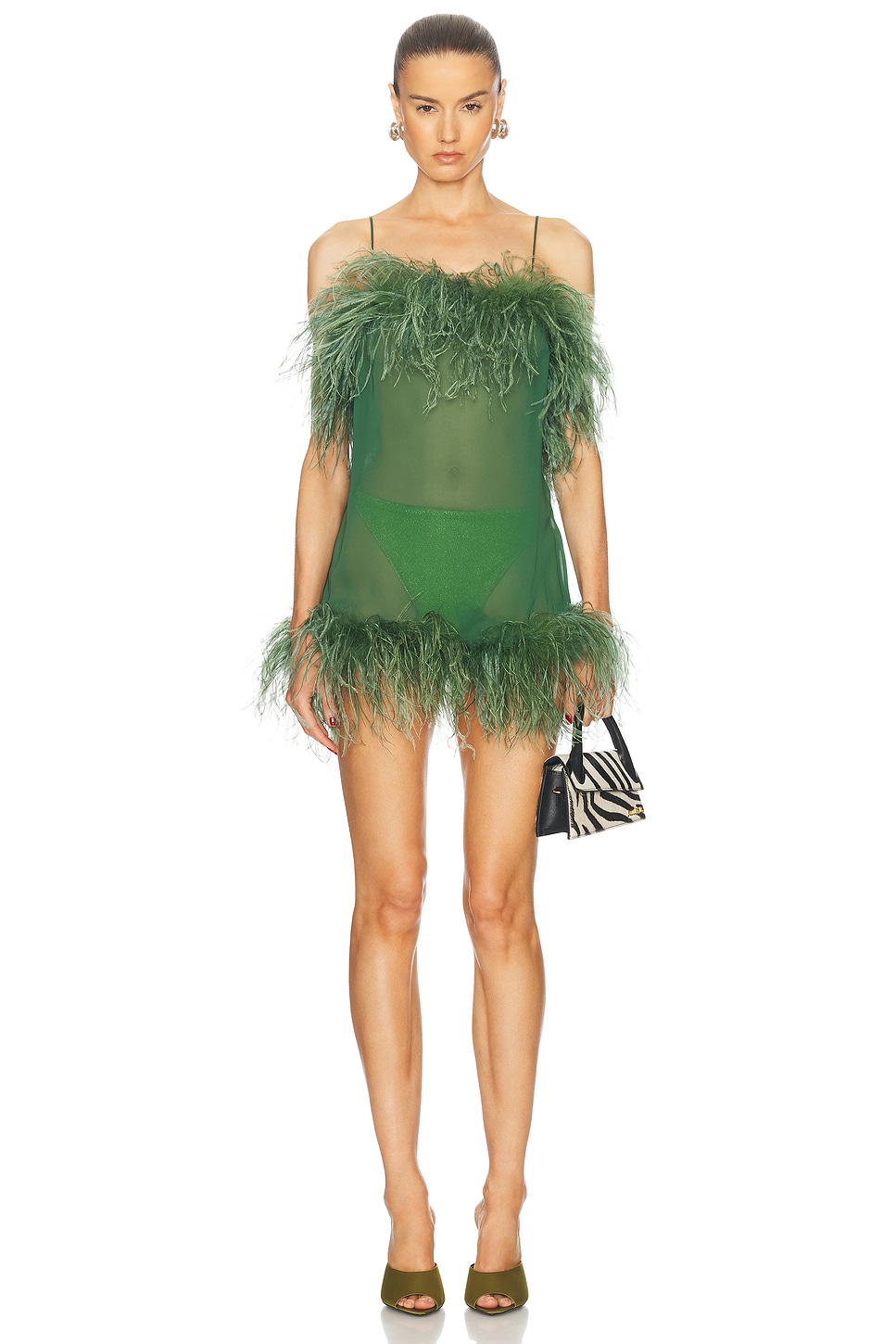 Image 1 of Oseree Plumage Mini Dress in Green