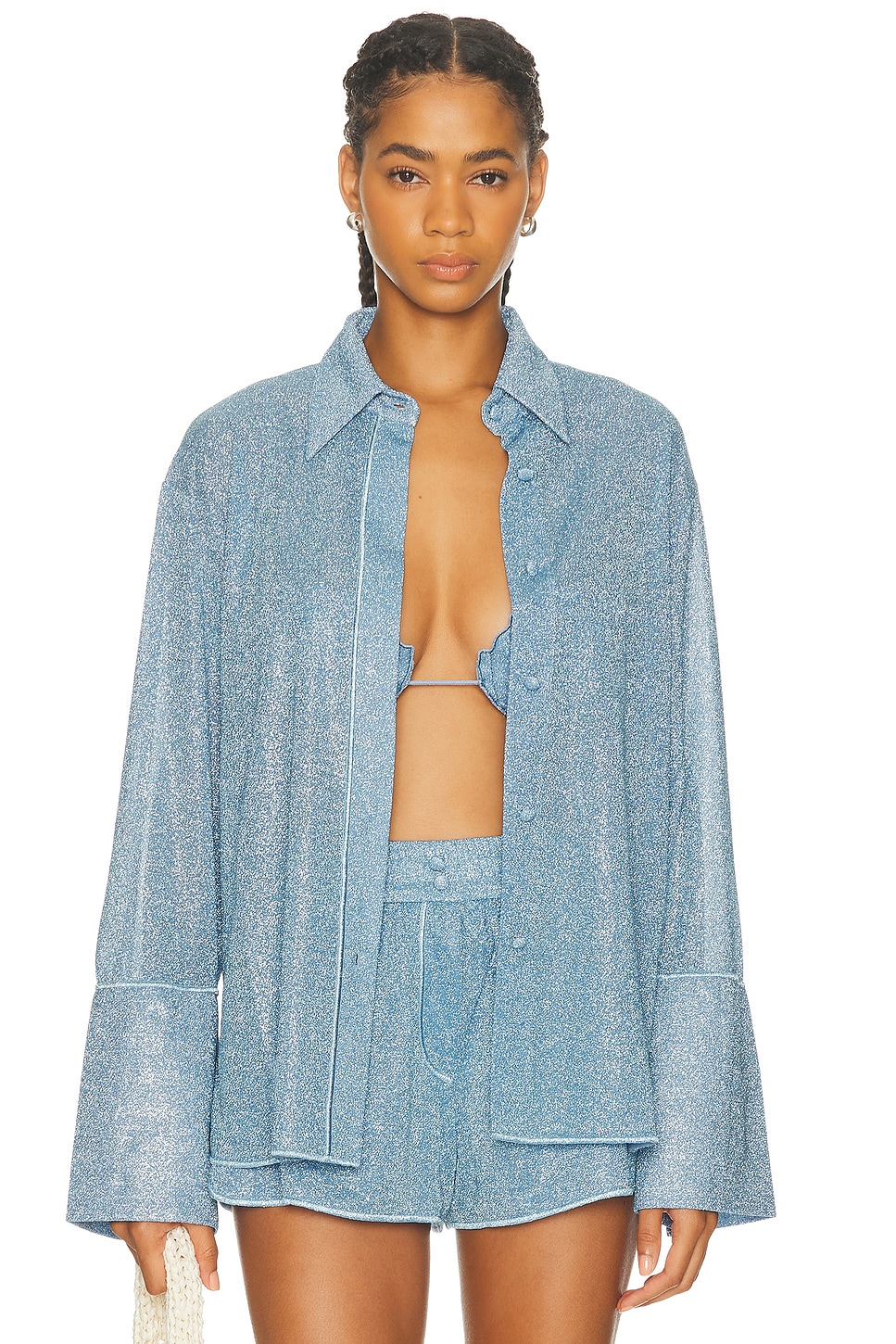 Oseree Womens Crystal Glazed Lumiere Long-sleeve Metallic Woven Shirt In Blue