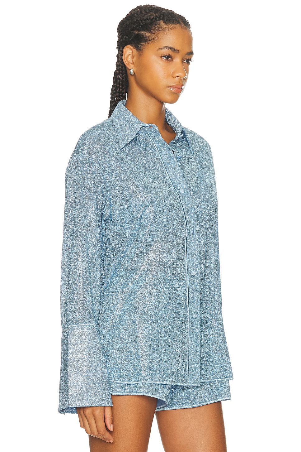 Oseree Womens Crystal Glazed Lumiere Long-sleeve Metallic Woven Shirt In Blue