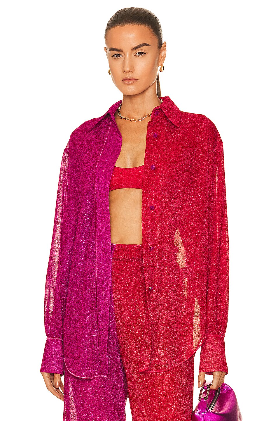 Image 1 of Oseree Lumiere Bicolor Long Shirt in Red & Fuchsia
