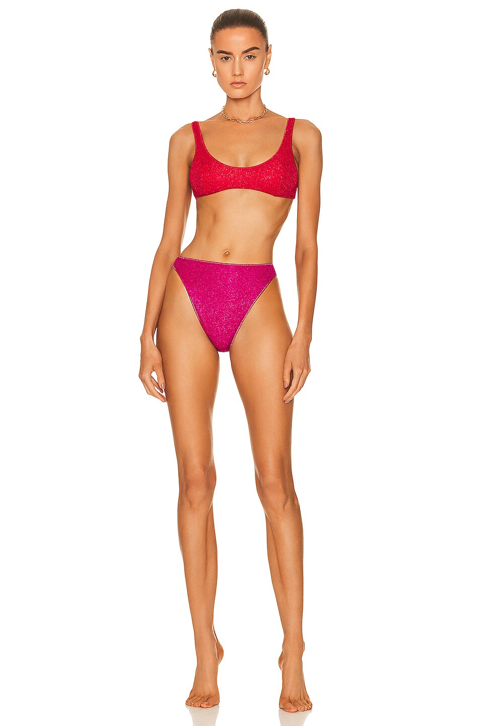 Image 1 of Oseree Lumiere Bra 90's Bottom Bikini Set in Red & Fuchsia