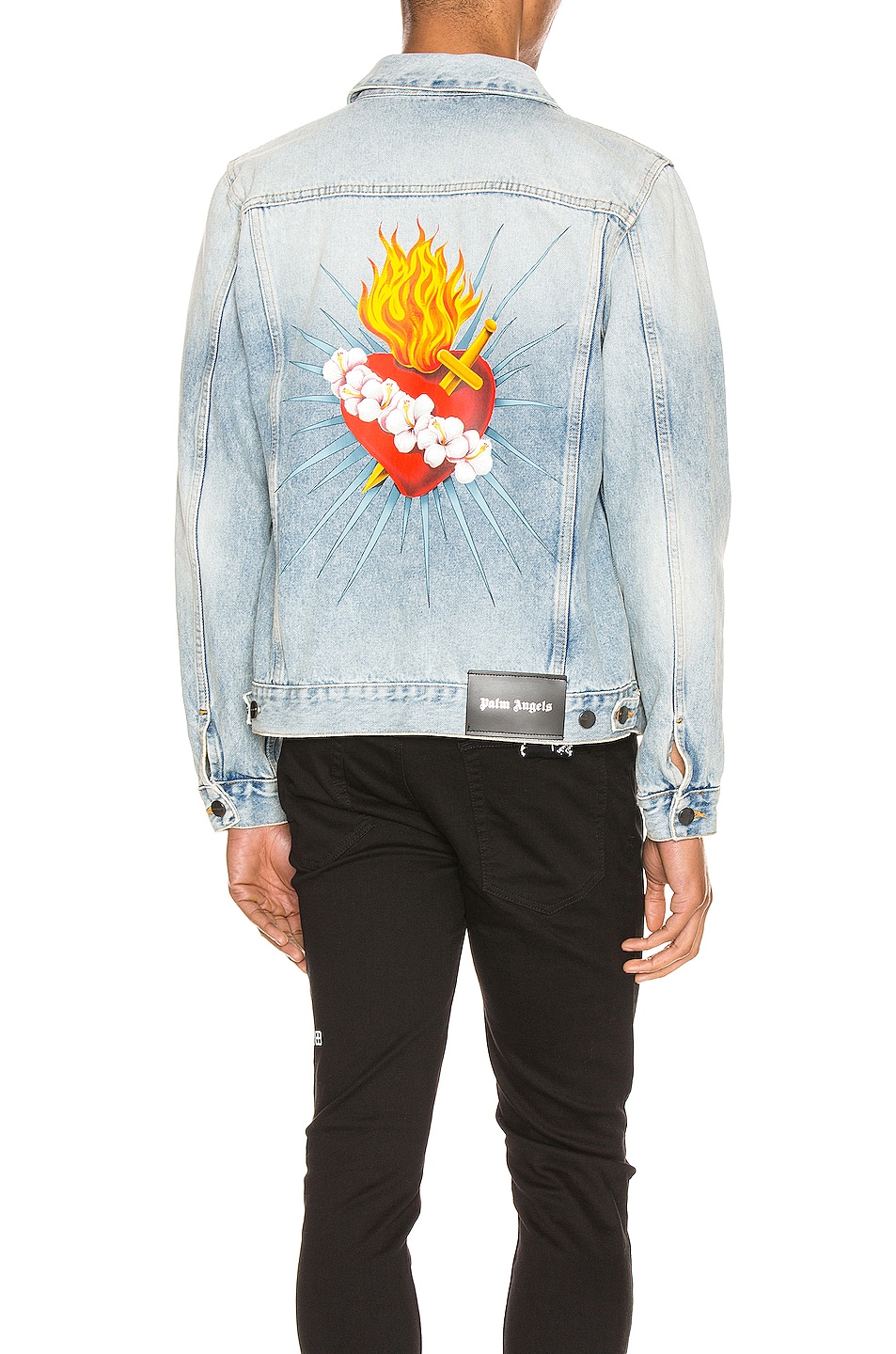 Image 1 of Palm Angels Sacred Heart Denim Jacket in Medium Wash