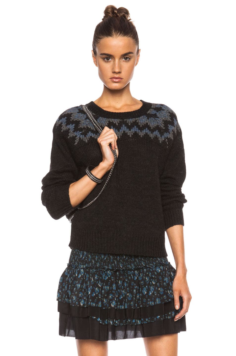 Image 1 of Pam & Gela Fair Isle Crop Wool-Blend Sweater in Black, Charcoal & Light Blue