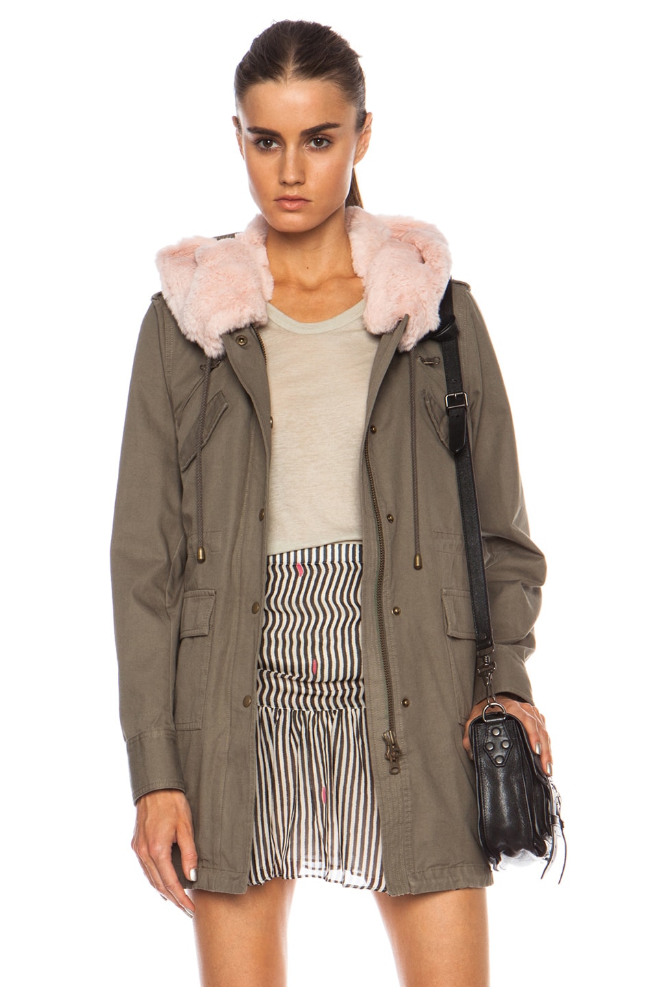 Image 1 of Pam & Gela Cotton Parka in Army Green & Pink Fur