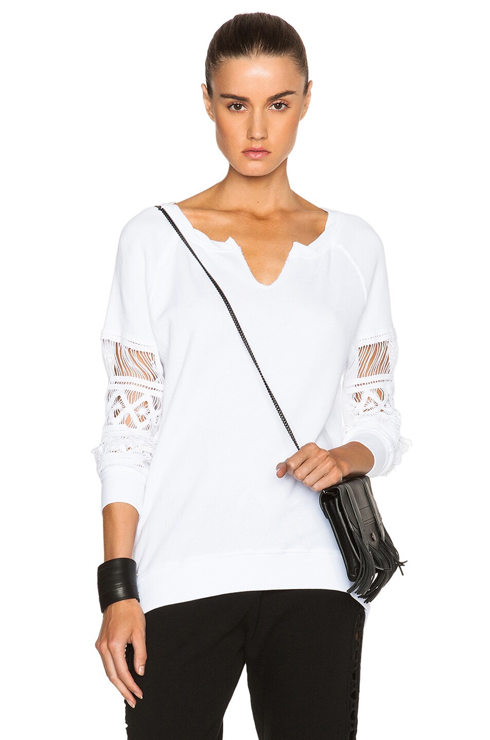 Image 1 of Pam & Gela Asymmetric Sweatshirt with Lace Sleeves in White
