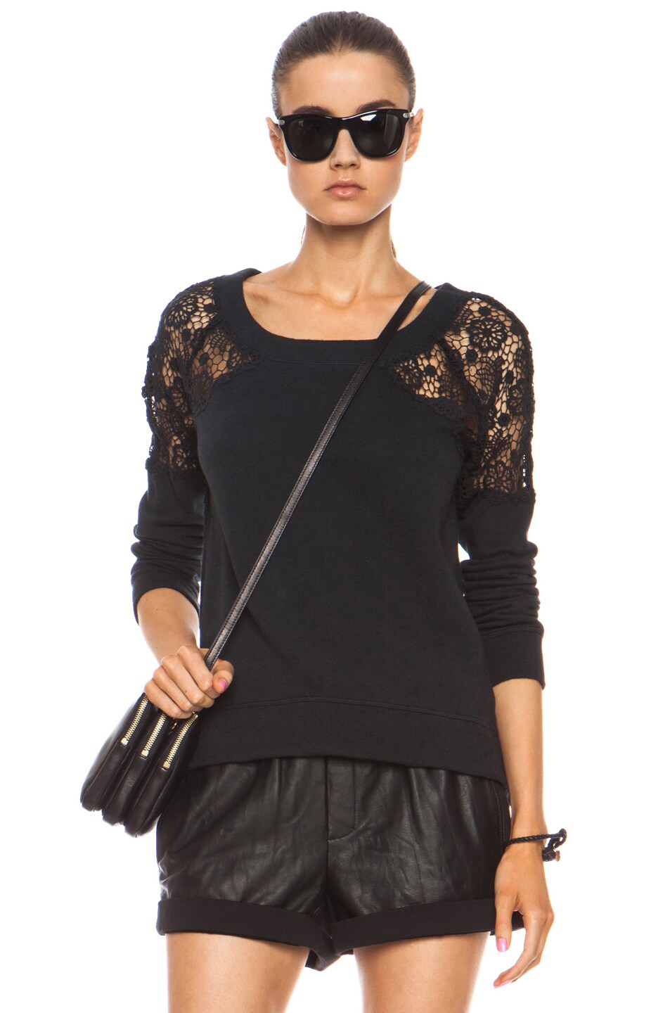 Image 1 of Pam & Gela Cotton Sweatshirt with Crochet Lace in Black