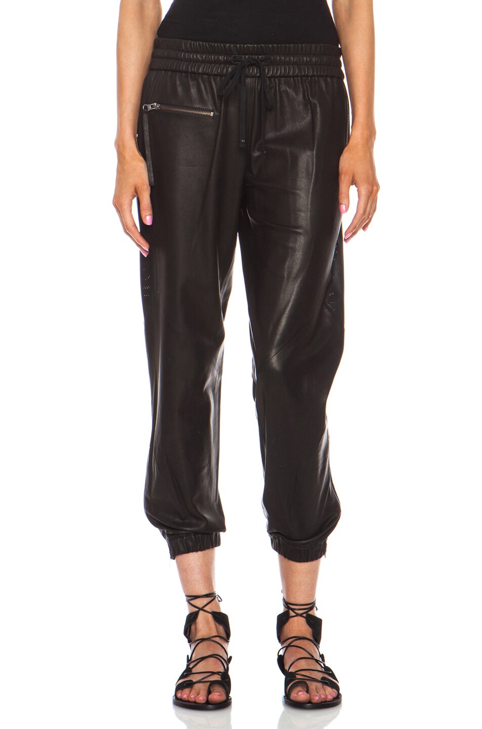 Image 1 of Pam & Gela Perforated Lambskin Leather Track Pant in Black
