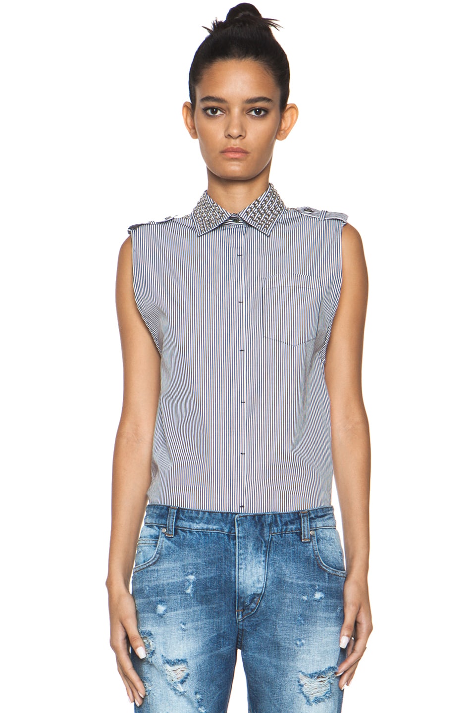 Image 1 of Pierre Balmain Stripe Shirt with Studs in Blue & White