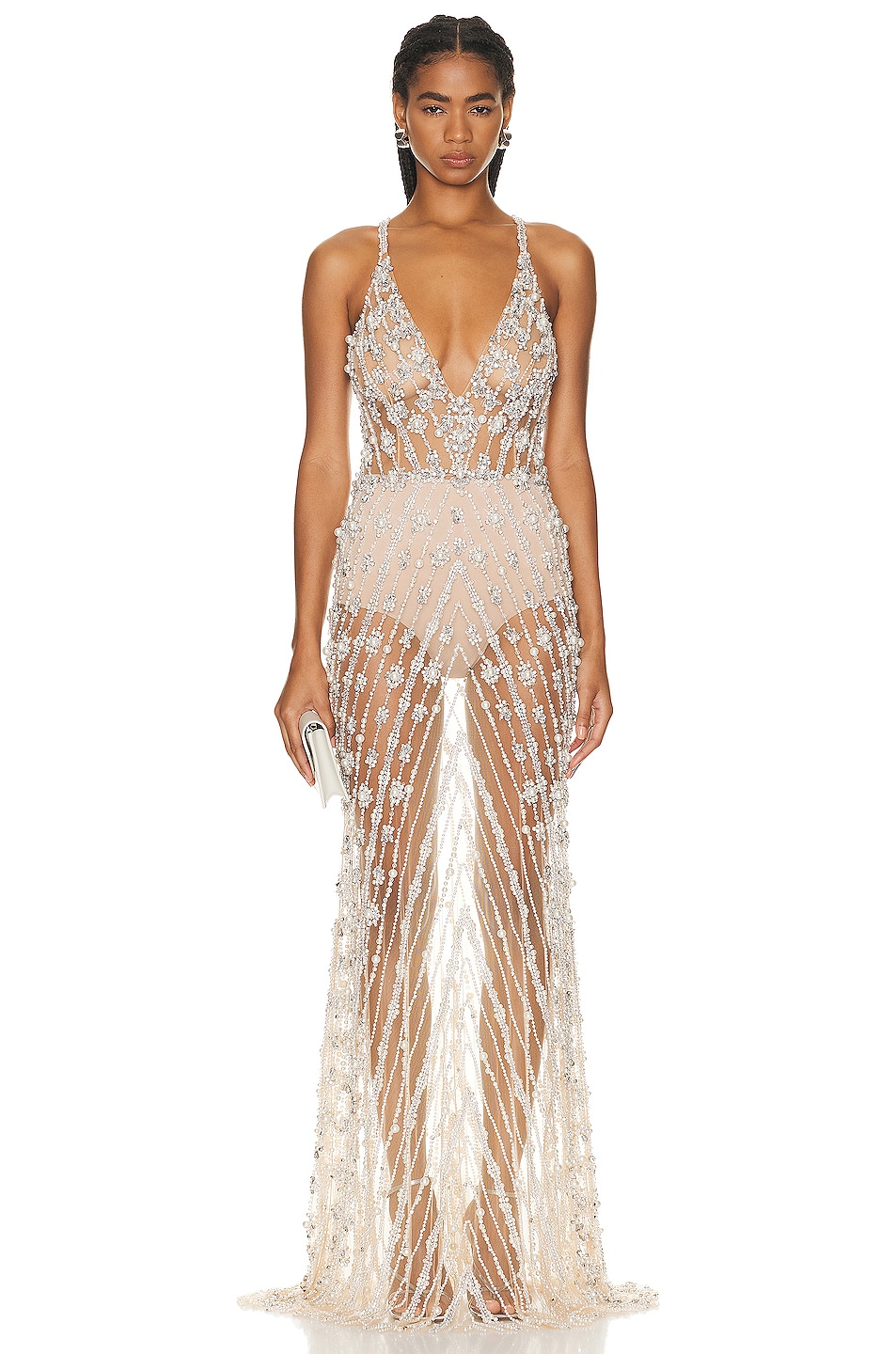 Image 1 of PatBO Hand Beaded Pearl & Crystal Gown in Nude
