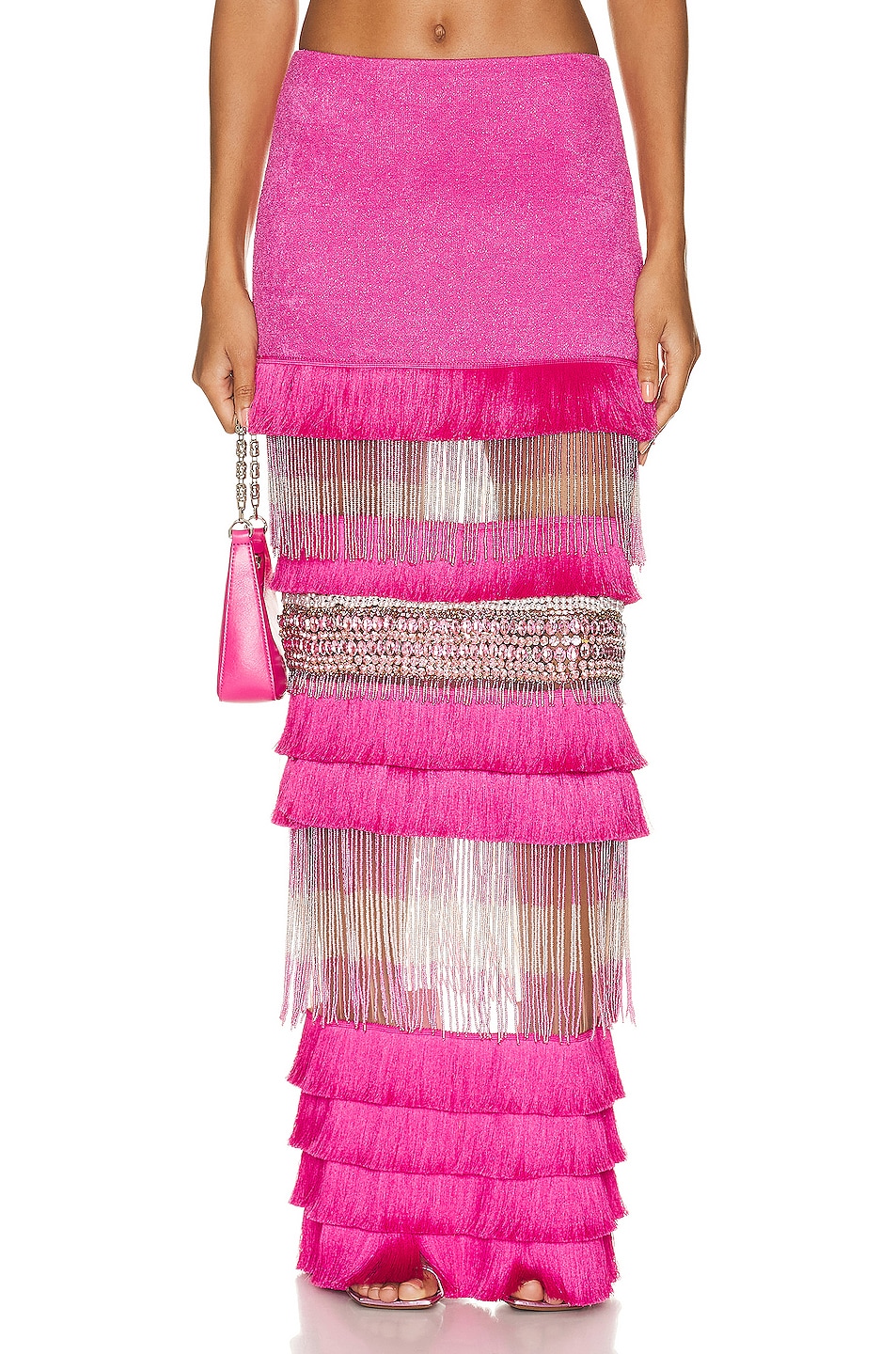 Image 1 of PatBO Hand Beaded Fringe Maxi Skirt in Pop Pink