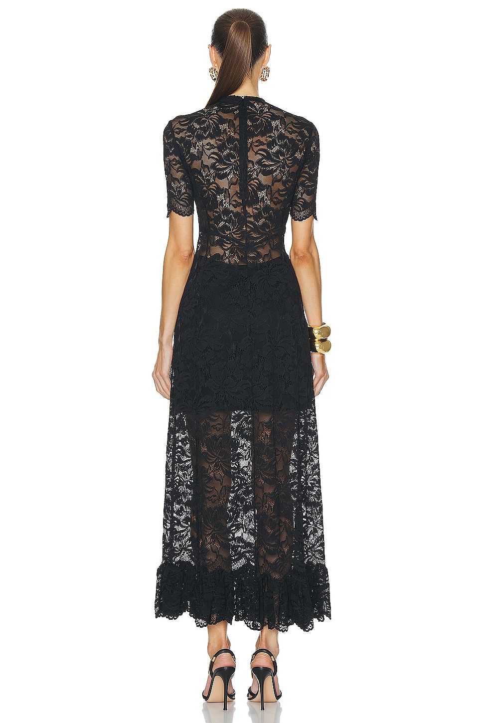 Ribbon-strap flared maxi dress in black lace