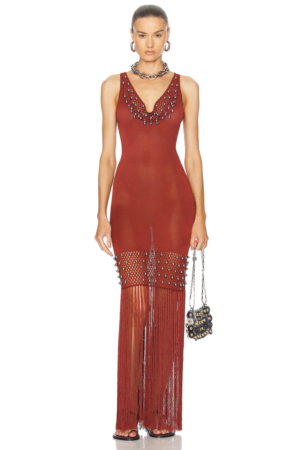 Image 1 of RABANNE Fringe Beaded Knit Dress in Cherry