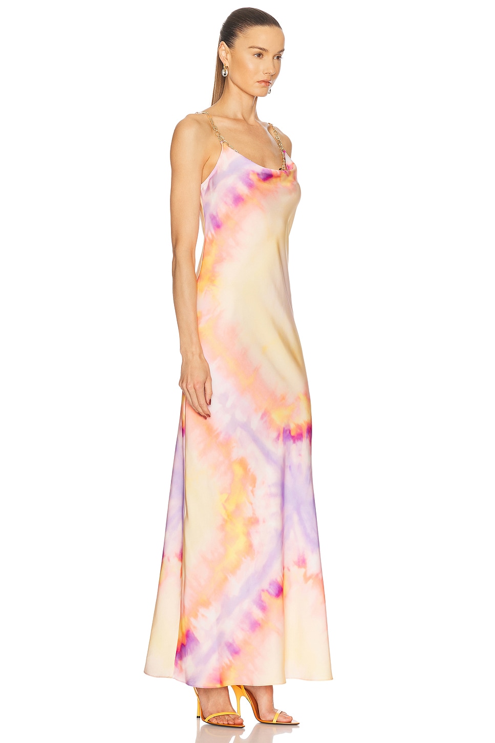 Rabanne Chainmail-embellished Tie-dyed Satin Maxi Dress In Tie Dye Orange