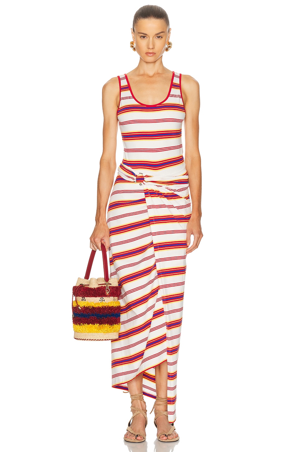 Image 1 of RABANNE Sleeveless Wrap Long Dress in Stripes Cream & Orange