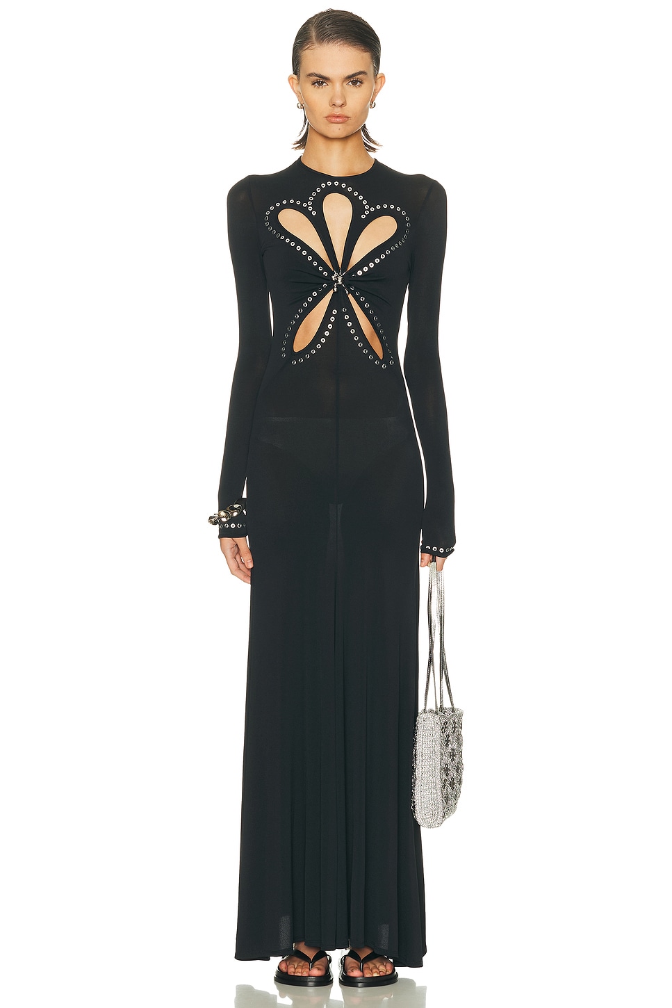 Rabanne Womens Black Embellishmed Cut-out Stretch-woven Maxi Gown In Black