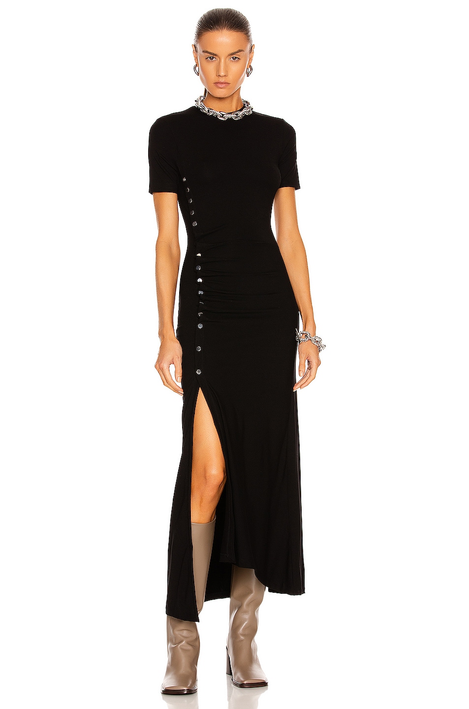 Image 1 of RABANNE Ruched Snap Midi Dress in Black
