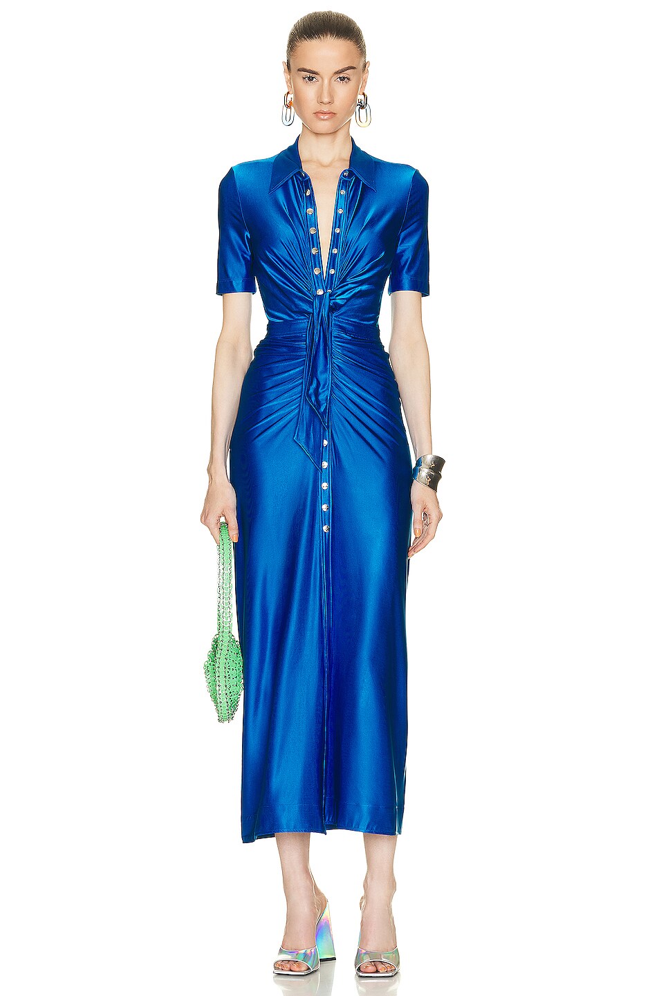 RABANNE Tie Button Down Dress in Bright Blue FWRD