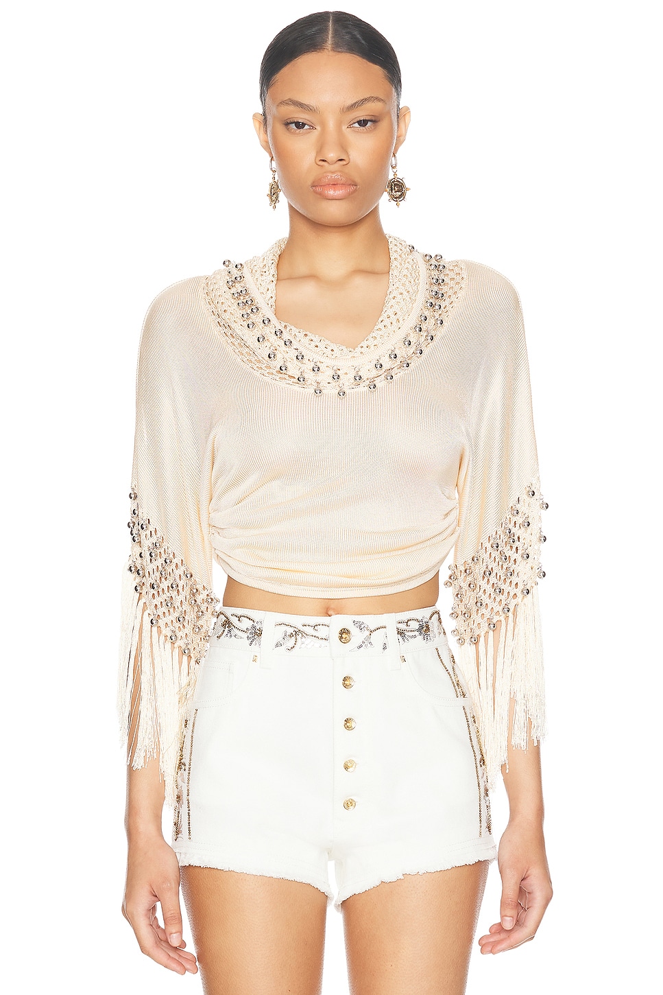 Shop Rabanne Fringe Beaded Hoodie In Nude