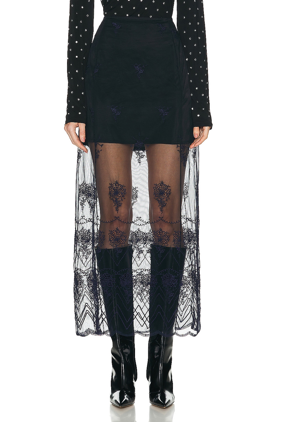 Image 1 of RABANNE Embroidery Long Skirt in Midnight