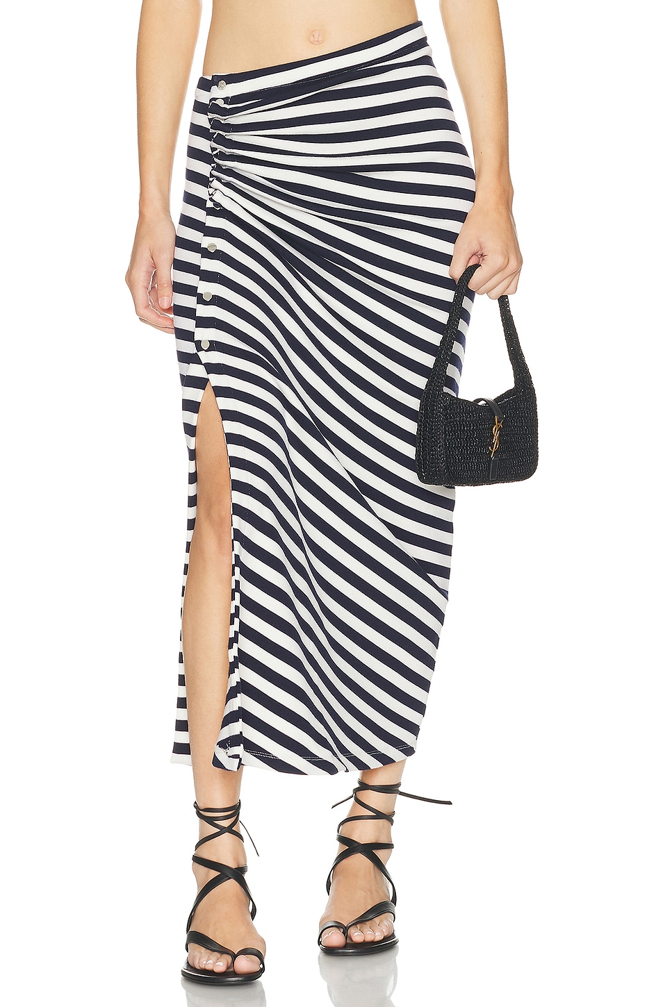 Striped Draped Midi Skirt in Navy