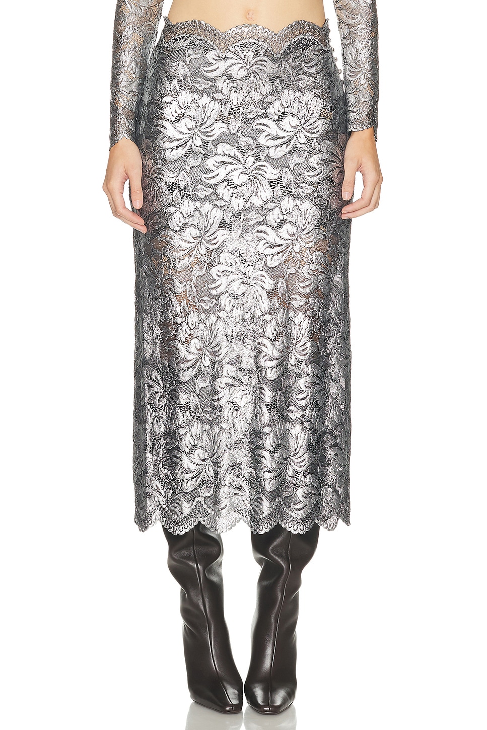 Lace Midi Skirt in Metallic Silver