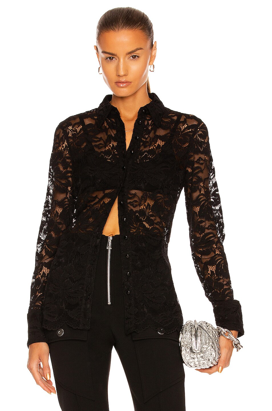 Image 1 of RABANNE Lace Button Down Shirt in Black