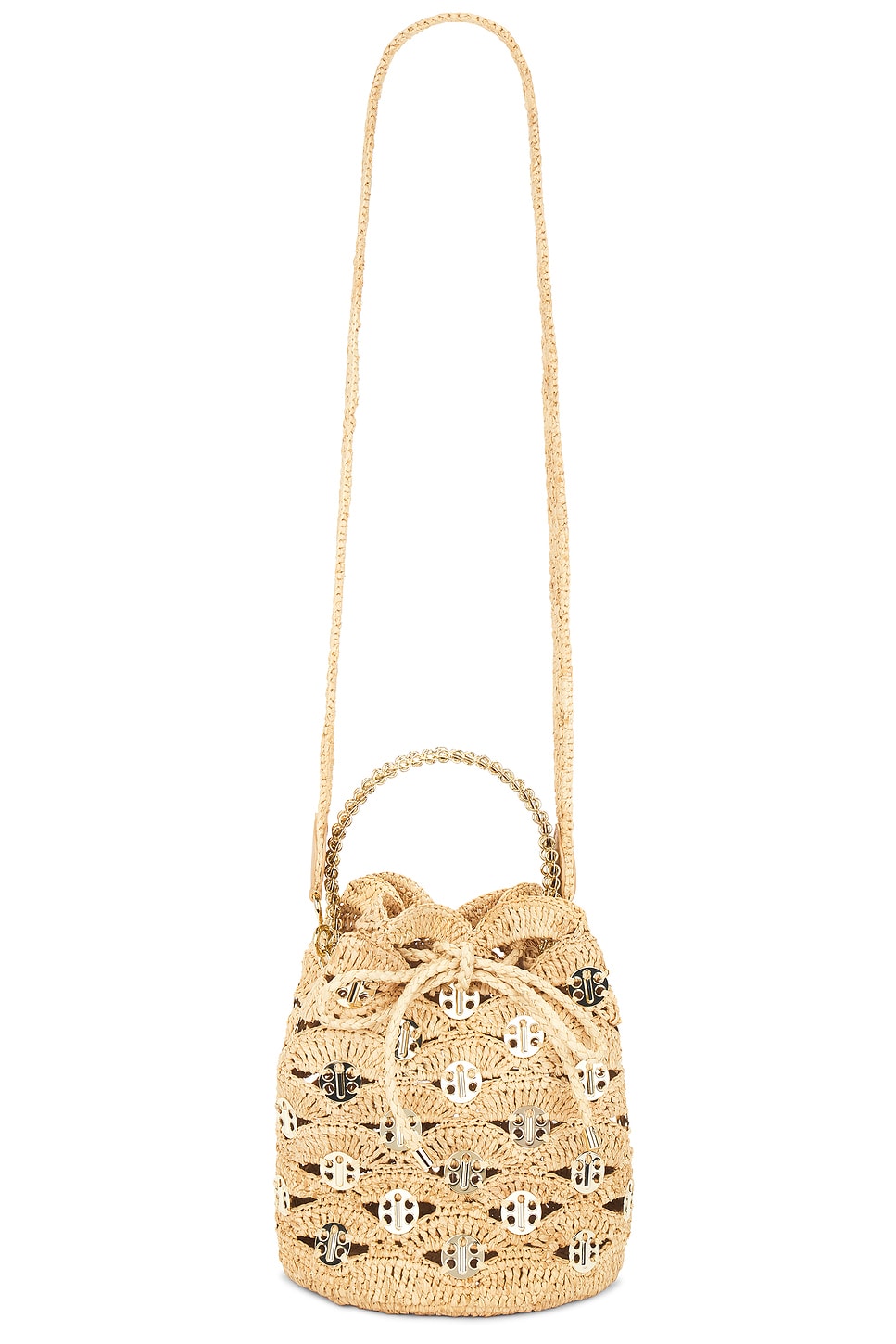 Shop Rabanne Raffia Bucket Bag In Natural & Light Gold