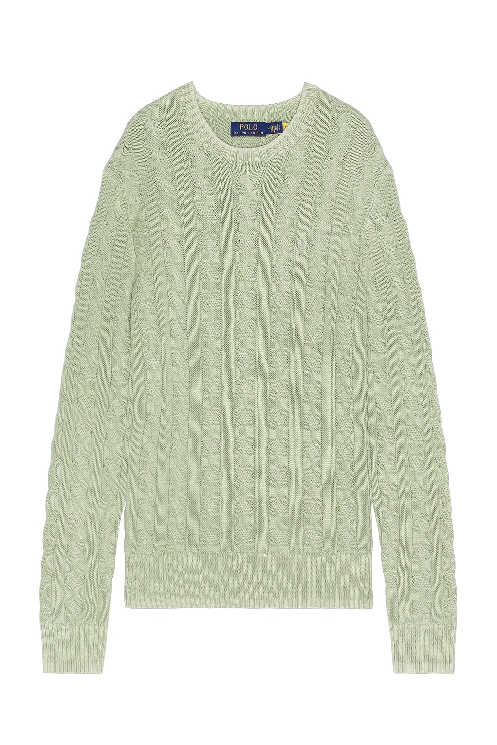 Image 1 of Polo Ralph Lauren Garment Dyed Cable Knit Crewneck Sweater in Greenstone GMD