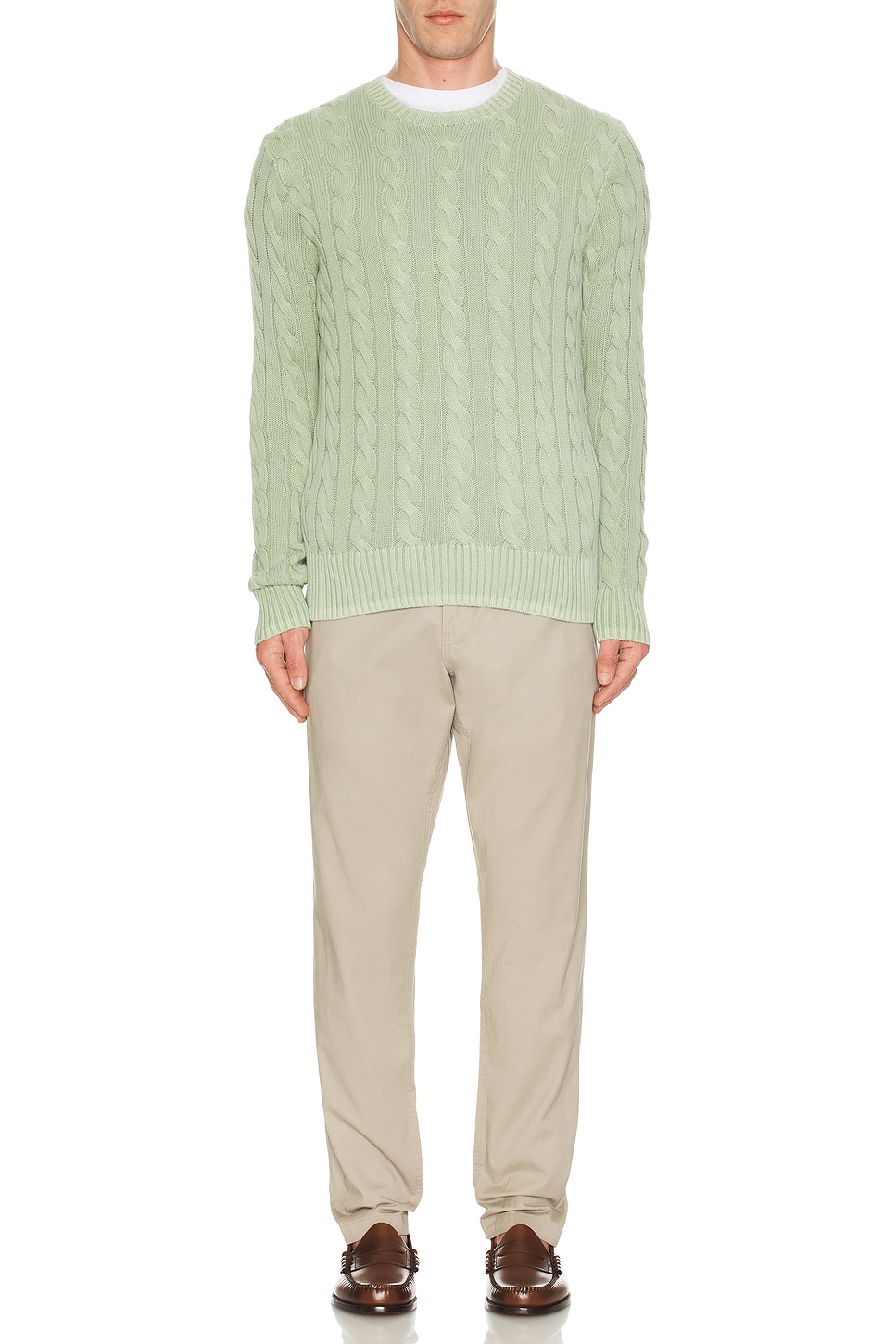 Image 1 of Polo Ralph Lauren Garment Dyed Cable Knit Crewneck Sweater in Greenstone GMD