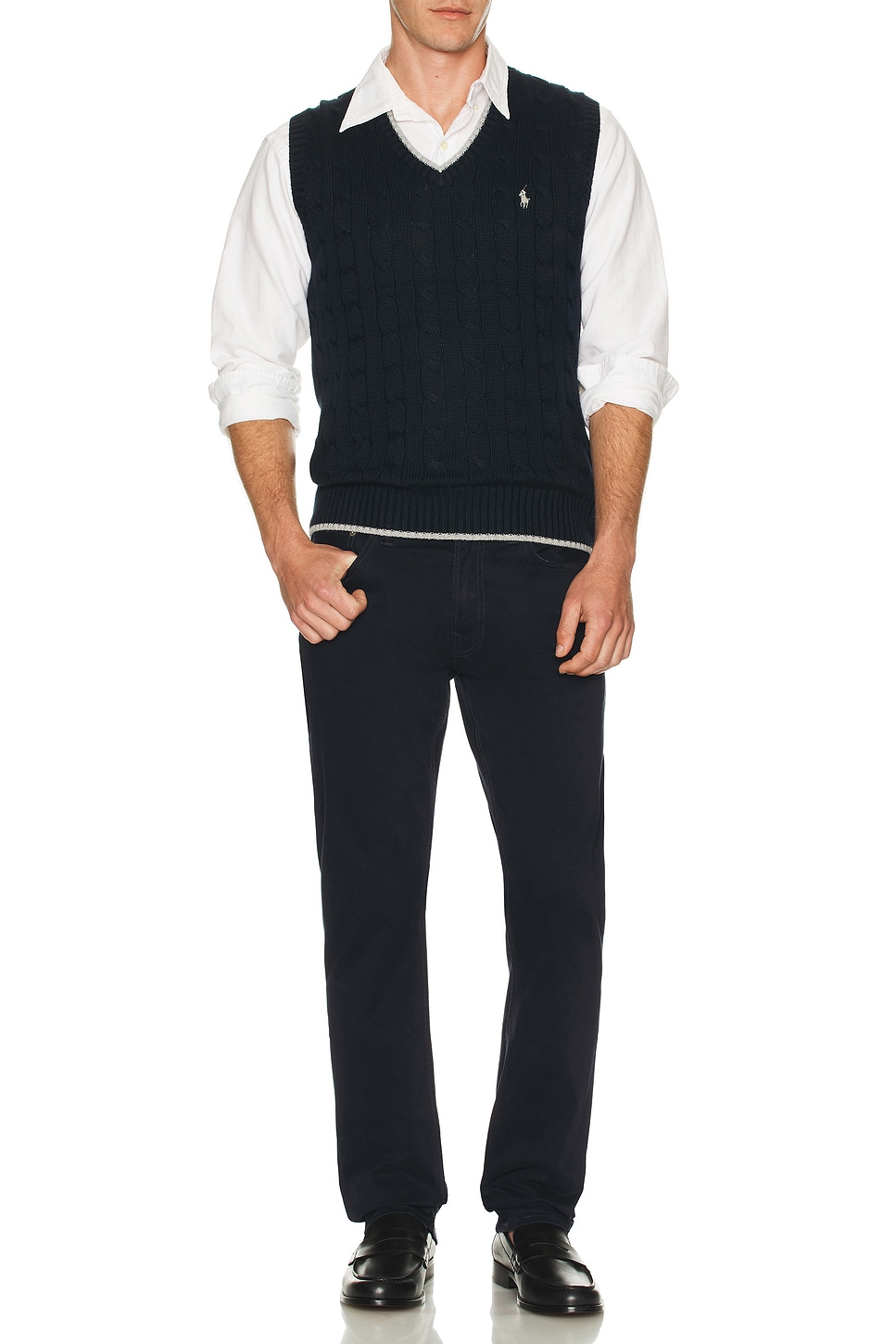 Image 1 of Polo Ralph Lauren Cotton Tipped Cable V-Neck Sweater Vest in Hunter Navy
