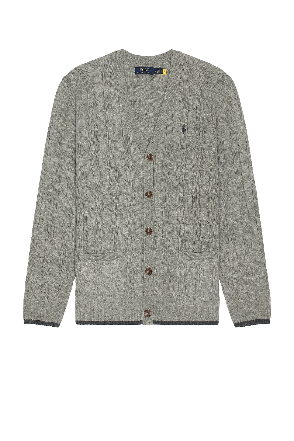 Image 1 of Polo Ralph Lauren Wool & Cashmere Cable Knit V-Neck Cardigan Sweater in Fawn Grey Heather