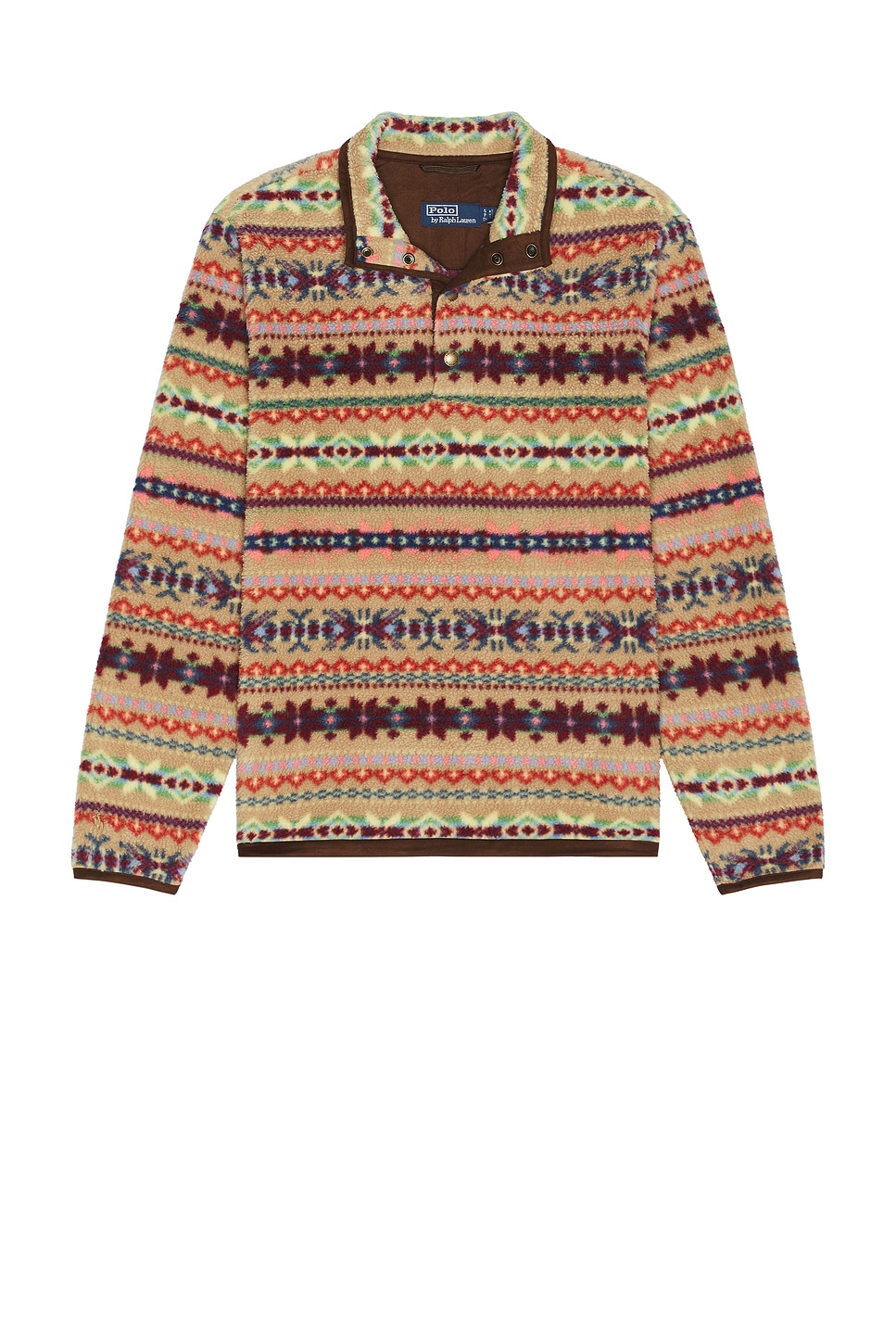 Image 1 of Polo Ralph Lauren Long Sleeve Printed Vintage Fleece Snap Mockneck Pullover in Camel
