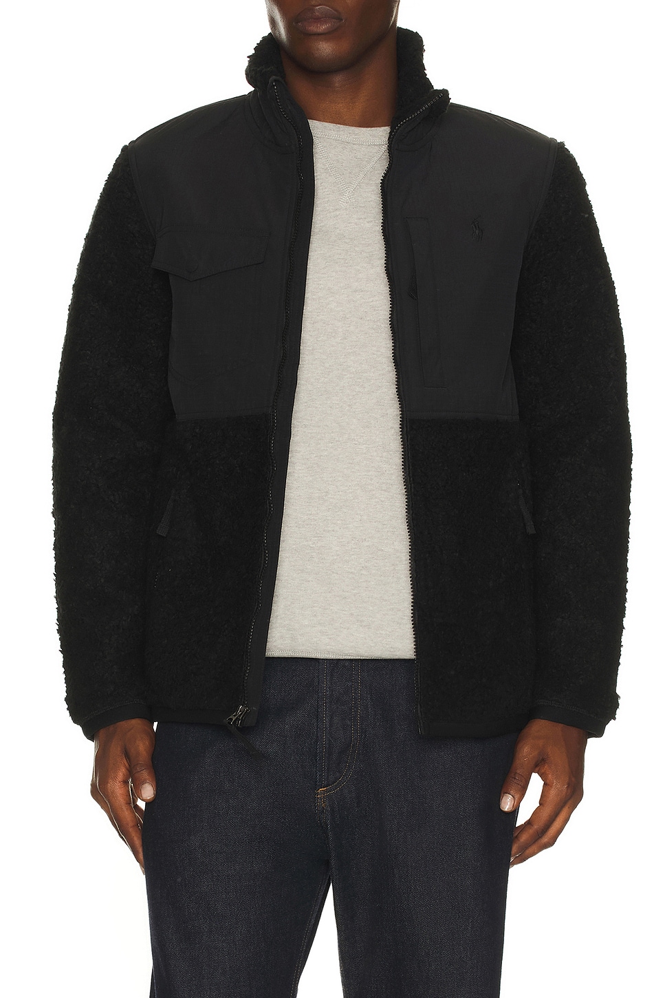 Image 1 of Polo Ralph Lauren Bonded Hi-Pile Full Zip Hybrid Jacket in Black