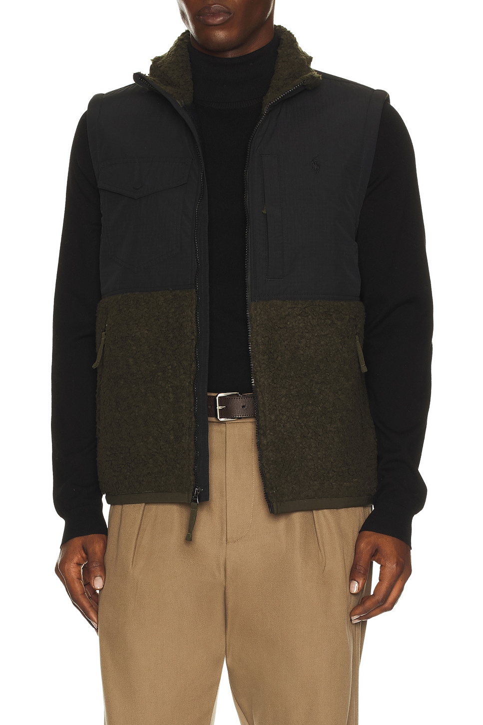 Image 1 of Polo Ralph Lauren Bonded Hi-Pile Full Zip Hybrid Vest in Olive & Black