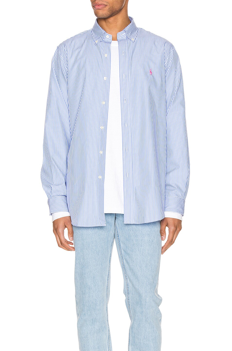 Image 1 of Polo Ralph Lauren Natural Poplin Button Down Shirt in 4351A Light Blue & White