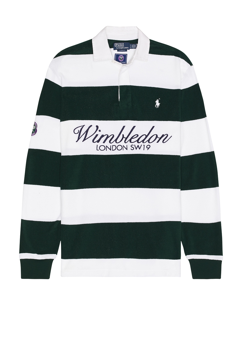 Image 1 of Polo Ralph Lauren Wimbledon Terry Graphic Rugby Shirt in Moss Agate & White
