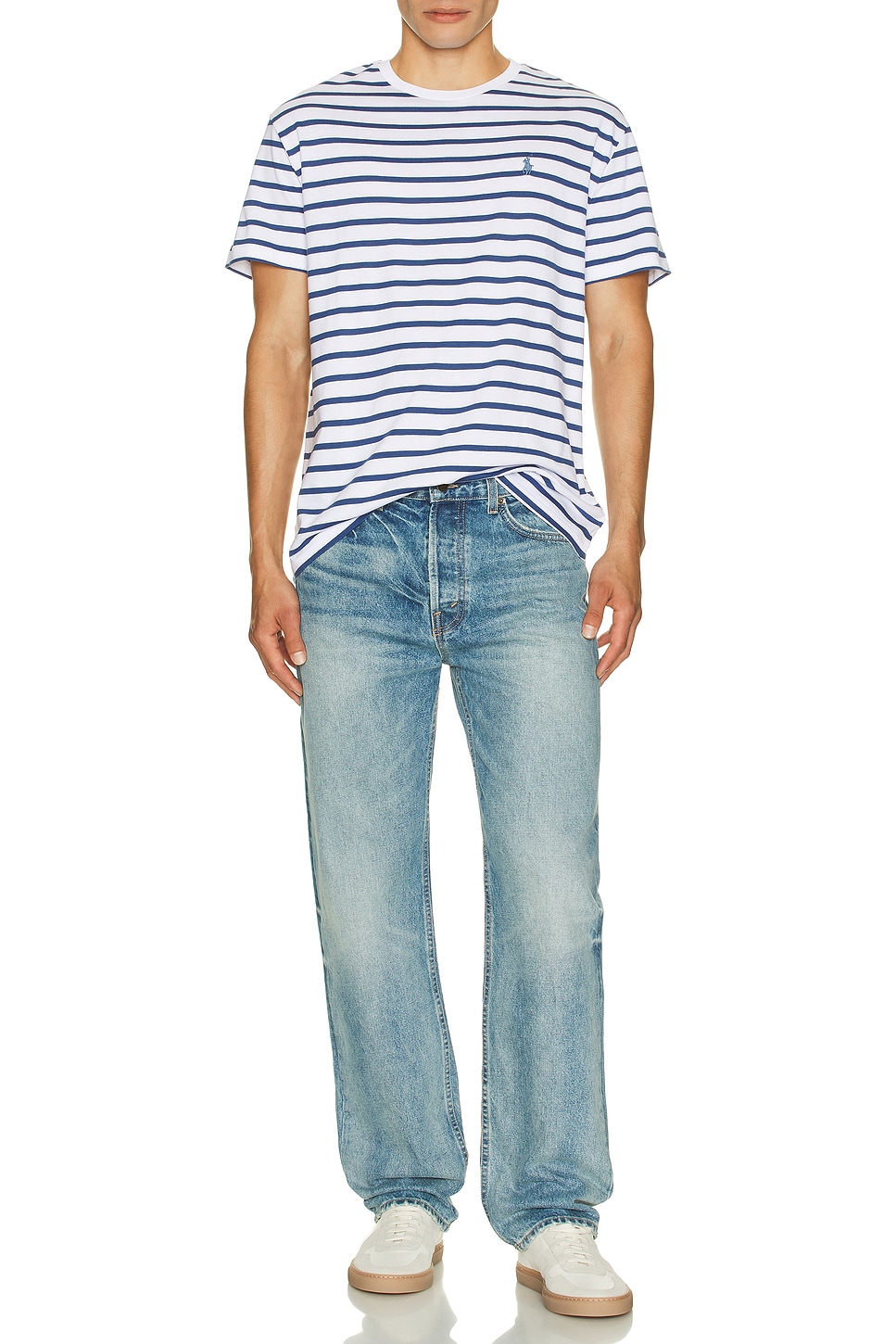 Image 1 of Polo Ralph Lauren Jersey Knit Crewneck Stripe T-Shirt in White & Royal