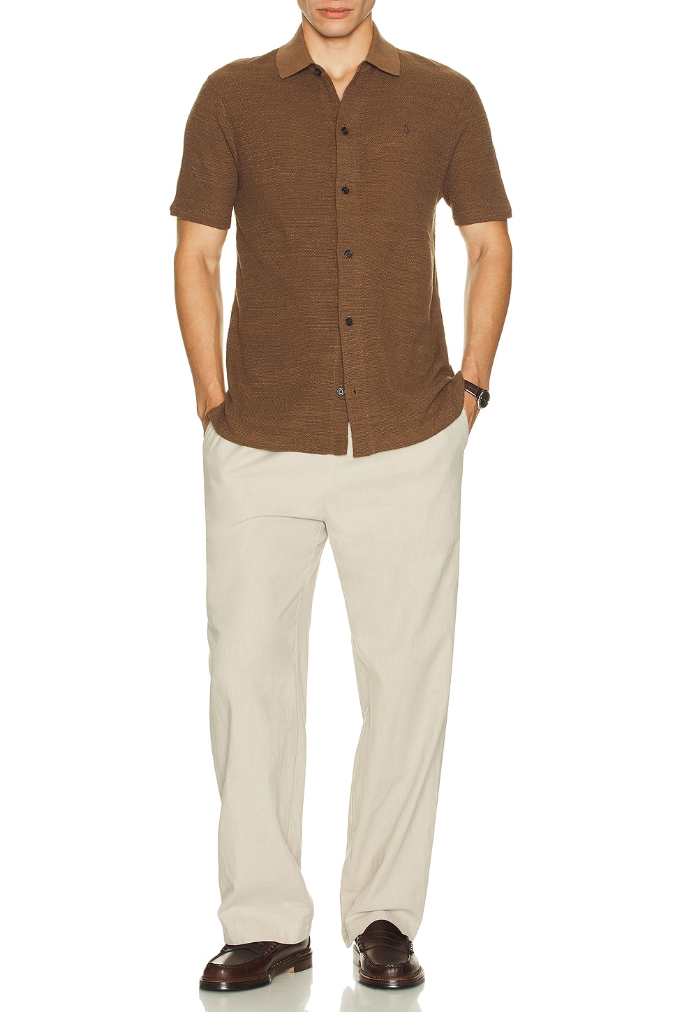 Image 1 of Polo Ralph Lauren Short Sleeve Cotton Blend Sweater Shirt in Fall Brown