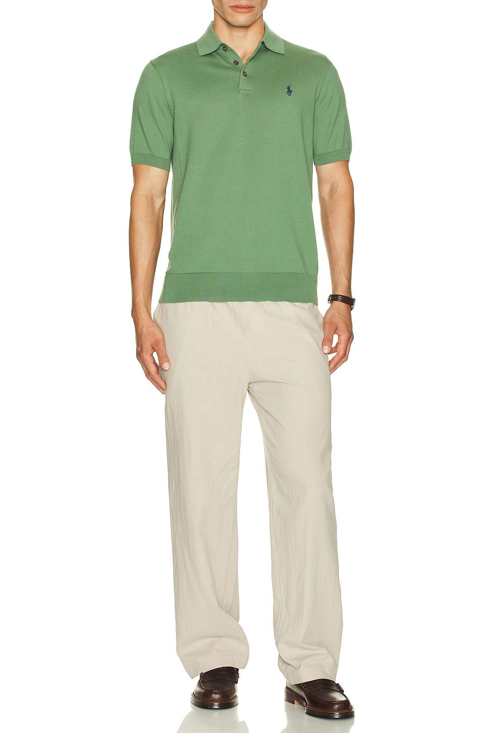 Image 1 of Polo Ralph Lauren Short Sleeve Cotton Placket Pullover Sweater in Fatigue