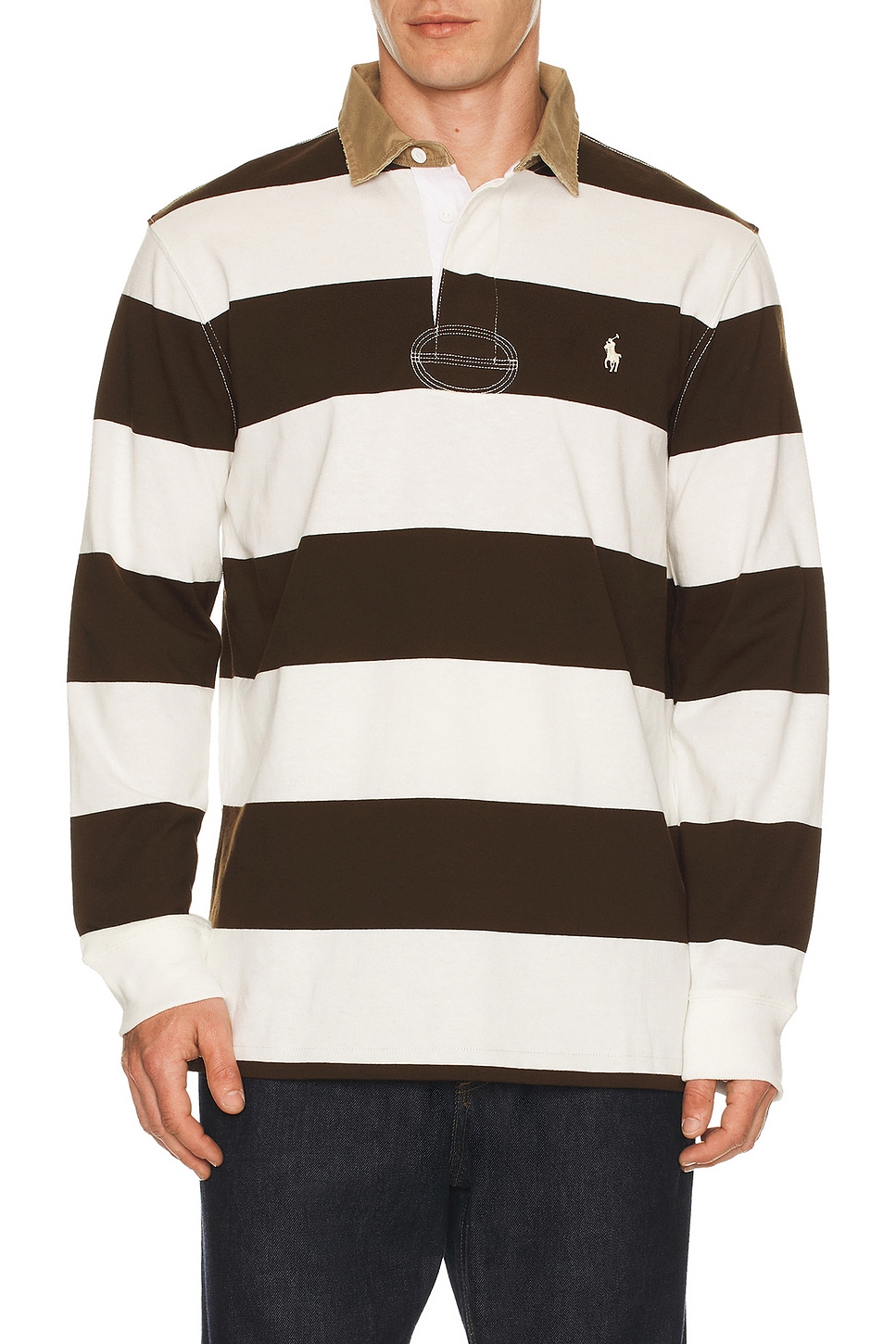 Image 1 of Polo Ralph Lauren Long Sleeve Collared Rugby Shirt in Dark Brown & Trophy Cream