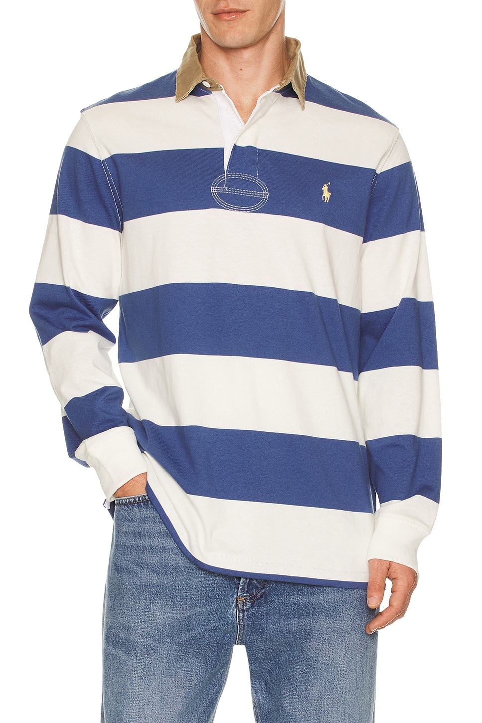Image 1 of Polo Ralph Lauren Long Sleeve Collared Rugby Shirt in Old Royal & Trophy Cream
