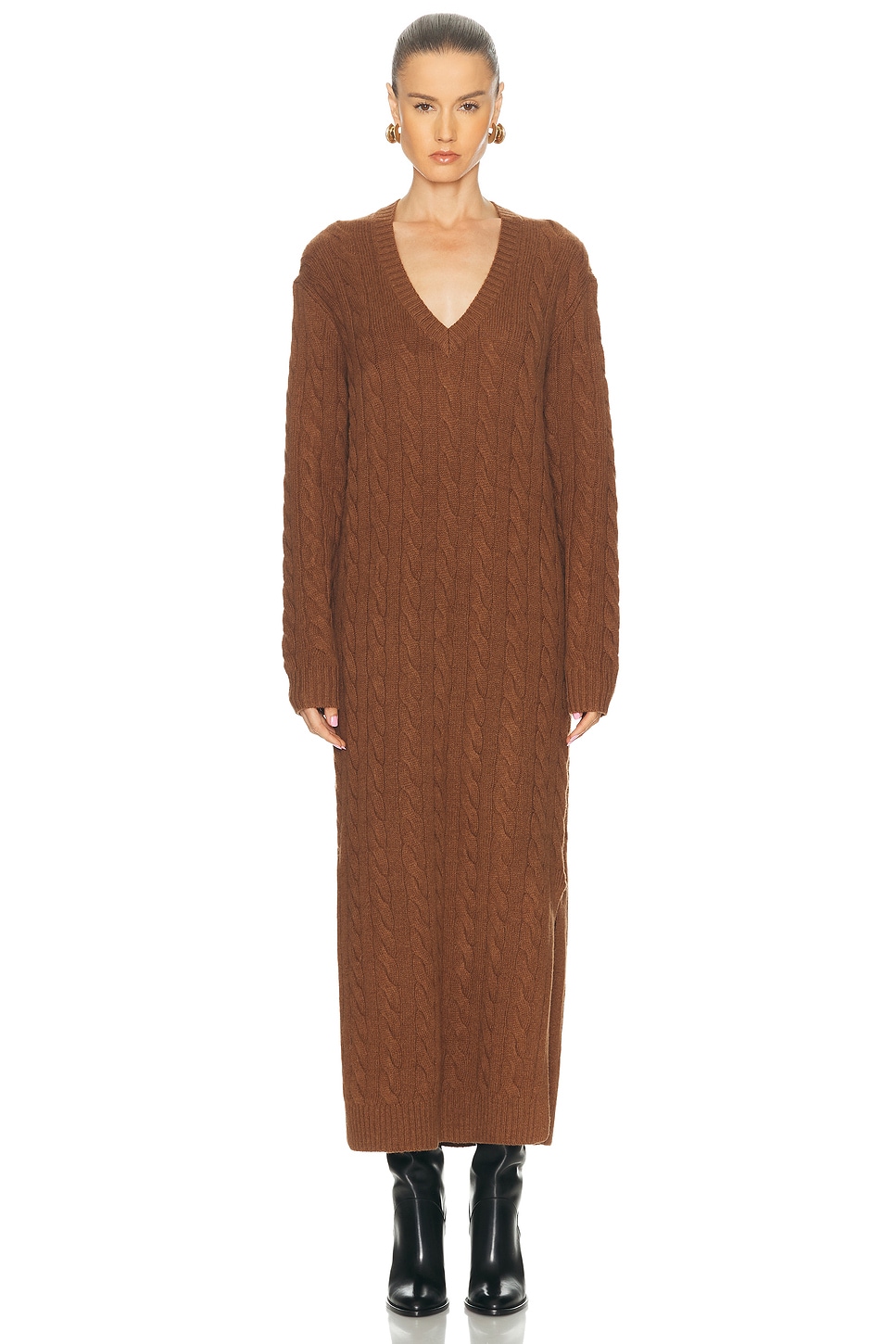 Polo Ralph Lauren Cable-knit V-neck Sweater Dress In Brown