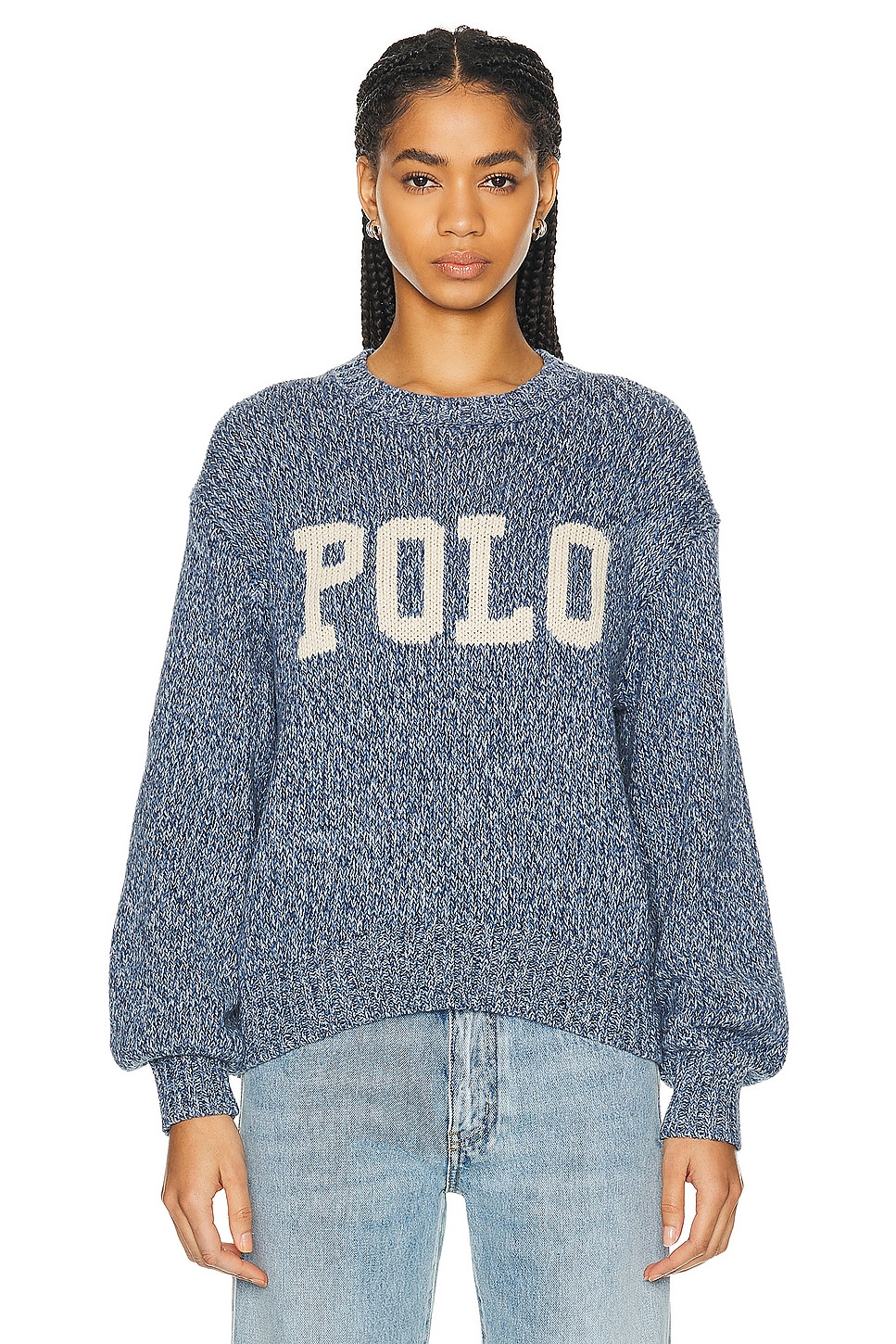 Image 1 of Polo Ralph Lauren Intarsia Long Sleeve Pullover Sweater in Denim Marl