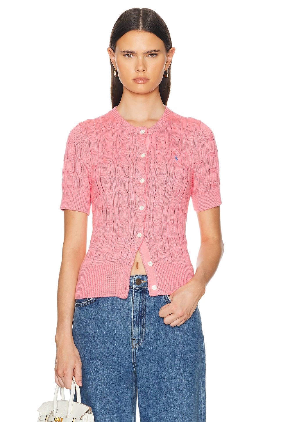 Image 1 of Polo Ralph Lauren Short Sleeve Cardigan in Ribbon Pink