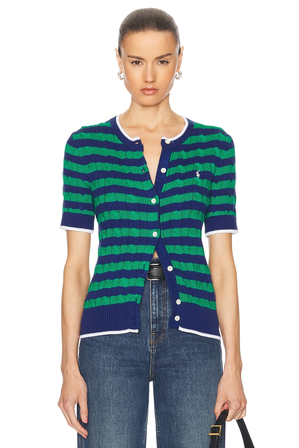 Image 1 of Polo Ralph Lauren Short Sleeve Striped Cardigan in Blue Yacht & Scarab Green