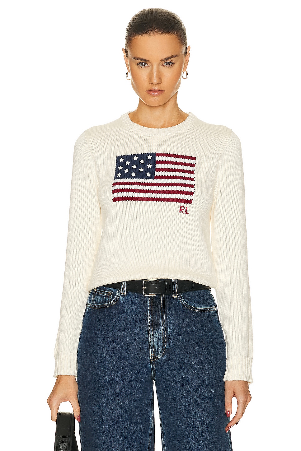 Flag Long Sleeve Pullover Sweater in Cream